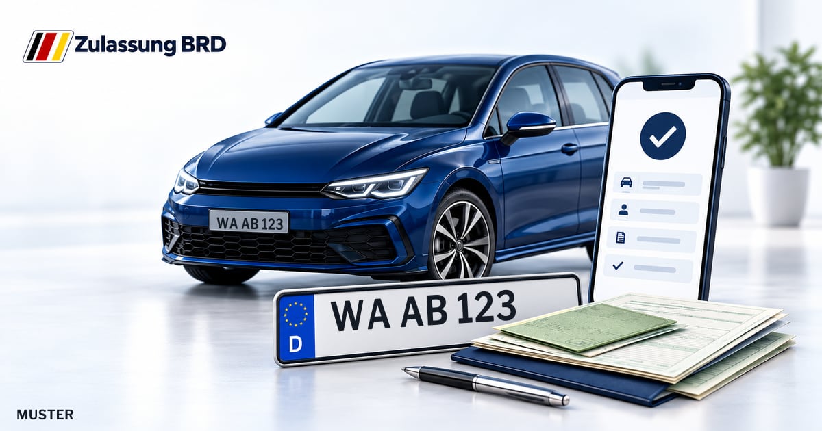 Online Fahrzeugzulassung in Waldeck: Musterkennzeichen WA AB 123, Auto und Fahrzeugpapiere und Smartphone. Illustration mit Logo von Zulassung BRD.
